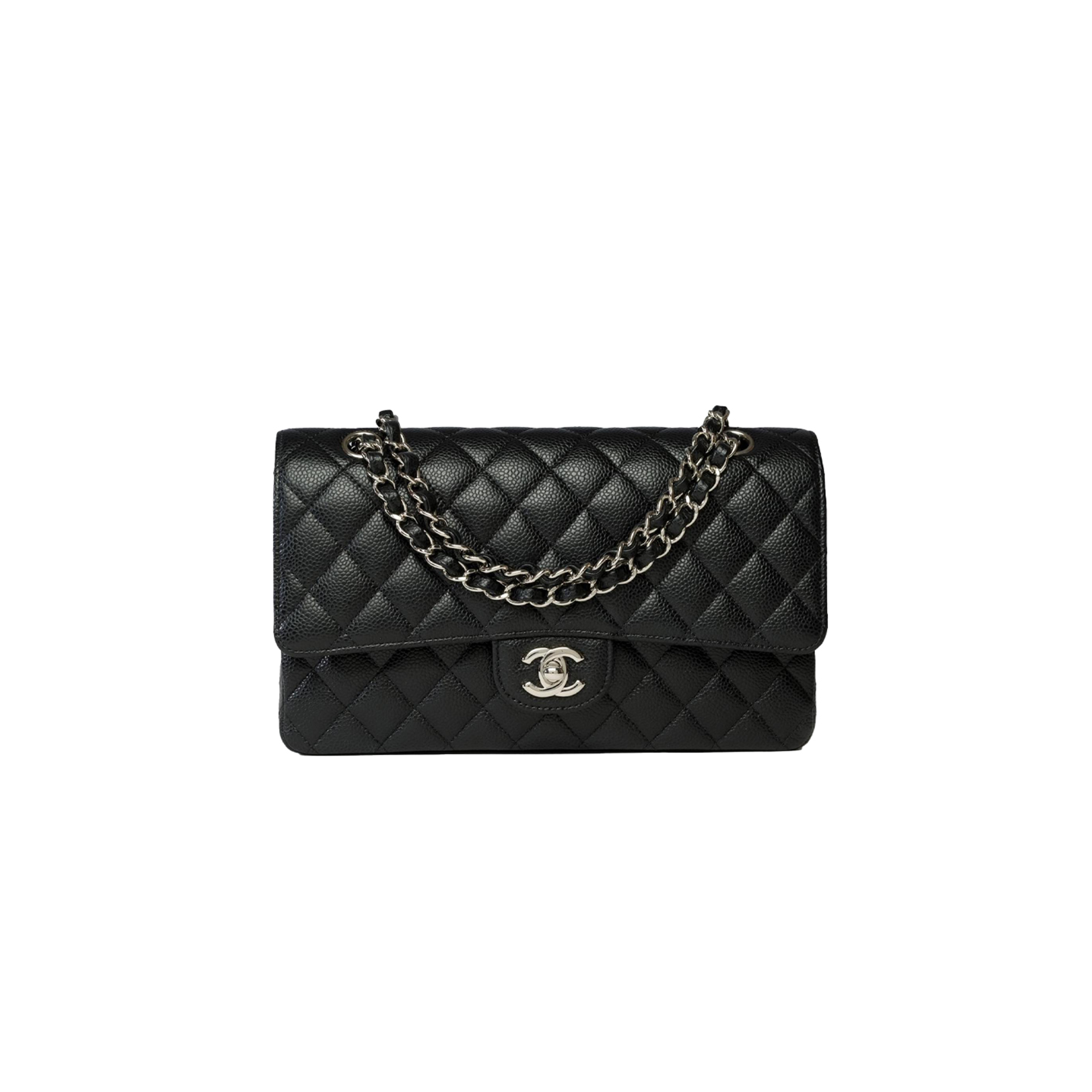 CHANEL MASTER CLASSIC FLAP MEDIUM BLACK COWHIDE CAVIAR SILVER BUCKLE A01112 (25.5*15.5*6.5cm)